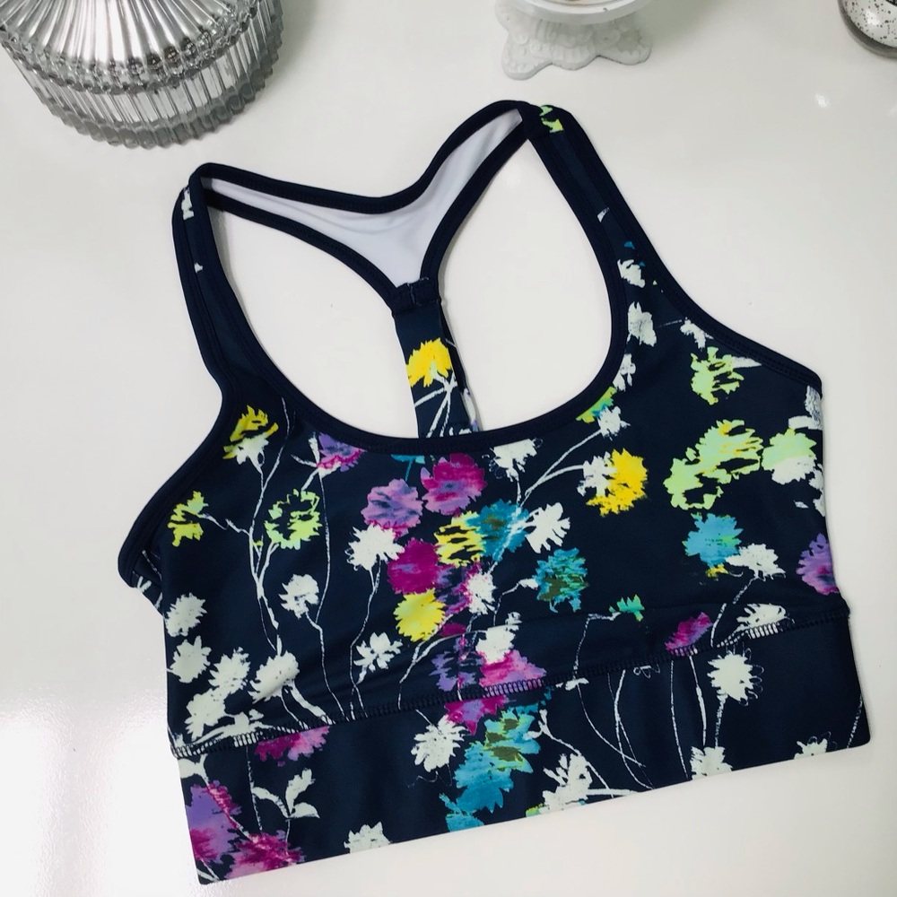 Josie Natori Navy Floral Fitness Sports Bra Sz S EUC!